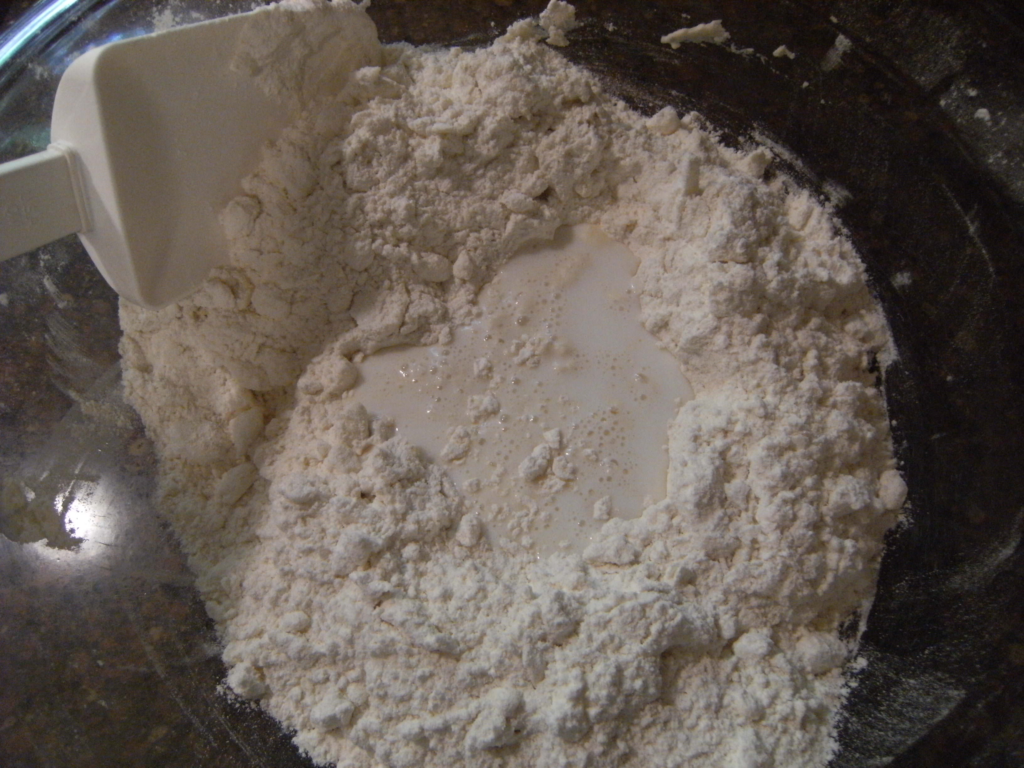 Mixing wet ingredients into homemade biscuit dough