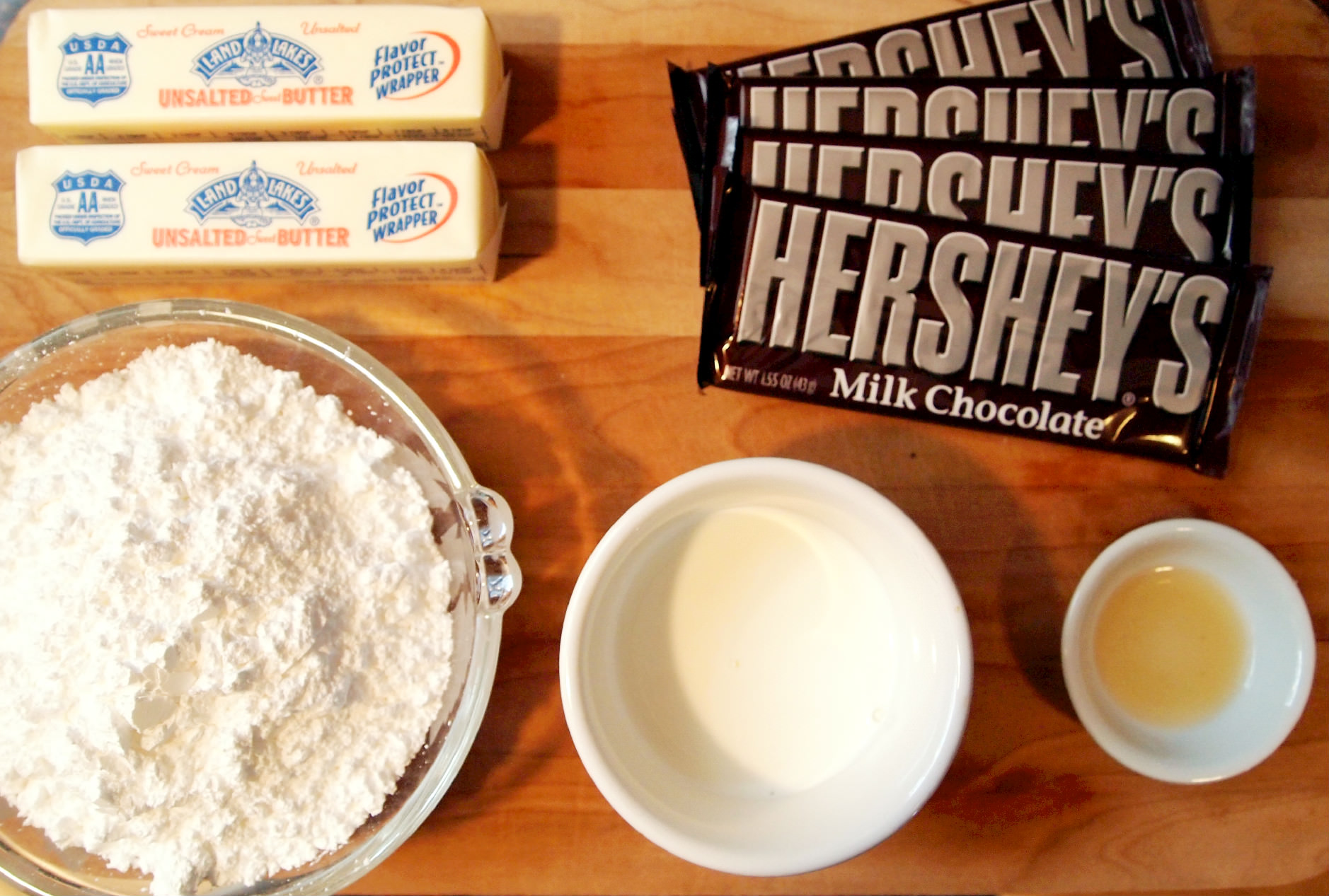 Ingredients needed to make milk chocolate buttercream frosting