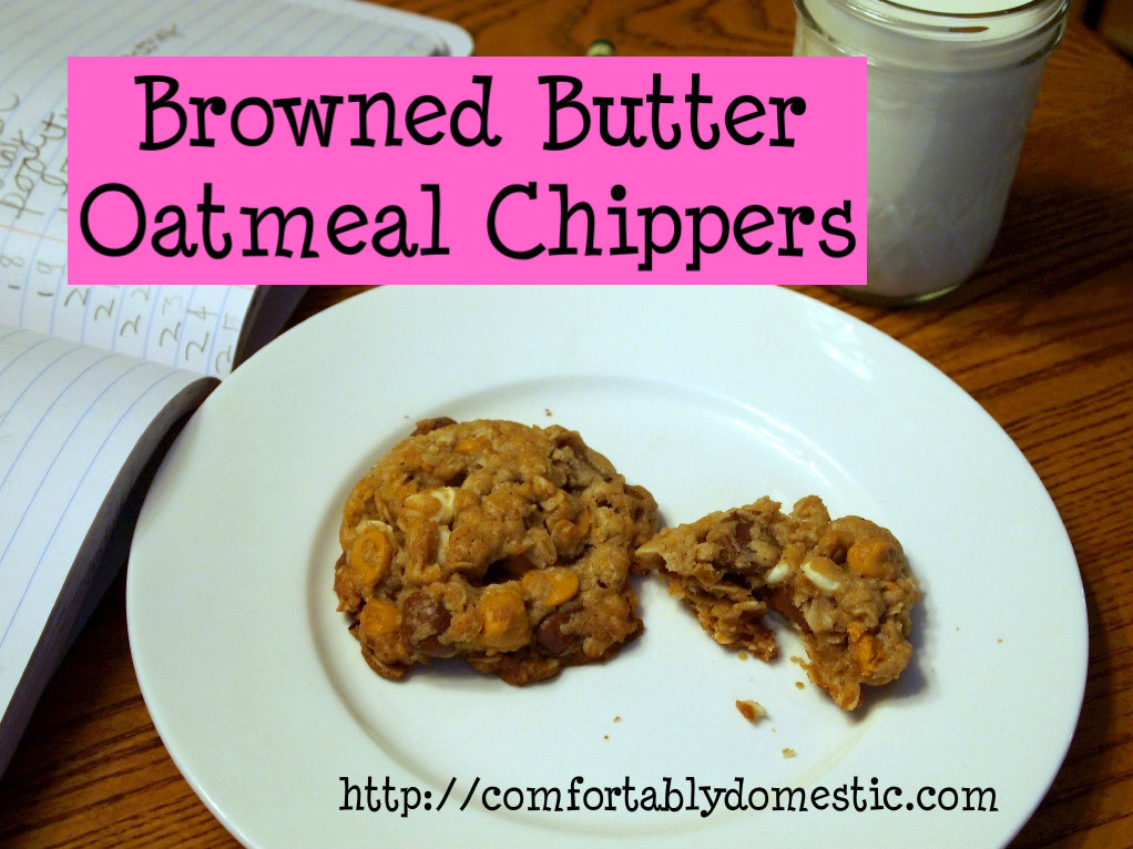 Browned butter oatmeal chippers are dense, chewy oatmeal cookies with butterscotch, milk chocolate, white chocolate and nutty undertones of browned butter. | ComfortablyDomestic.com