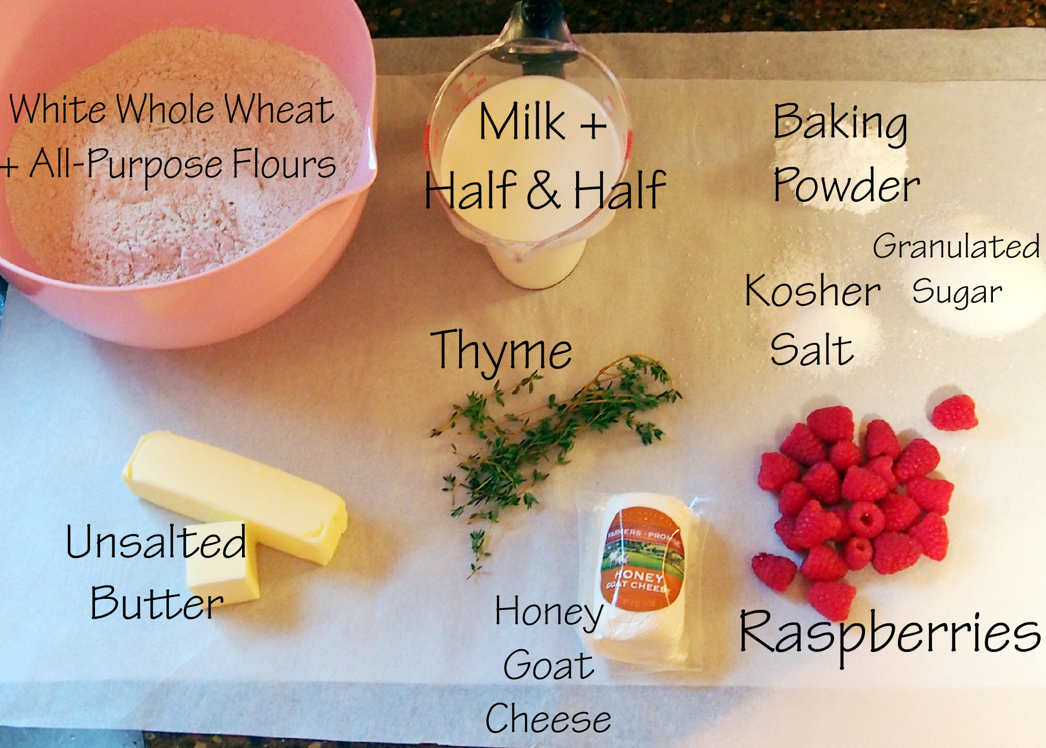 Ingredients needed to make Rosemary, Thyme, Goat Cheese Biscuits
