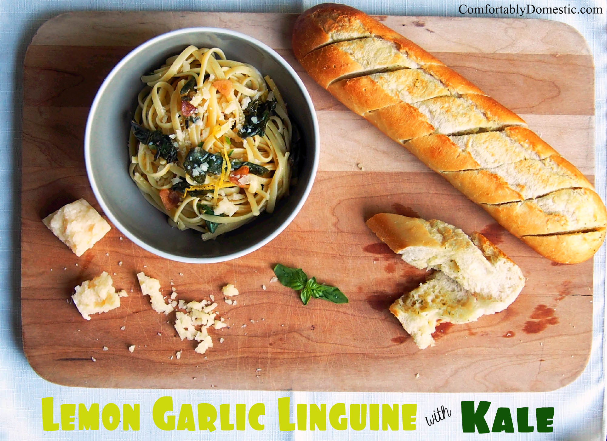 Lemon garlic linguine with kale is a delicious and easy to make weeknight dinner. Adding fresh kale gives this dish a burst of color and health benefits. | ComfortablyDomestic.com