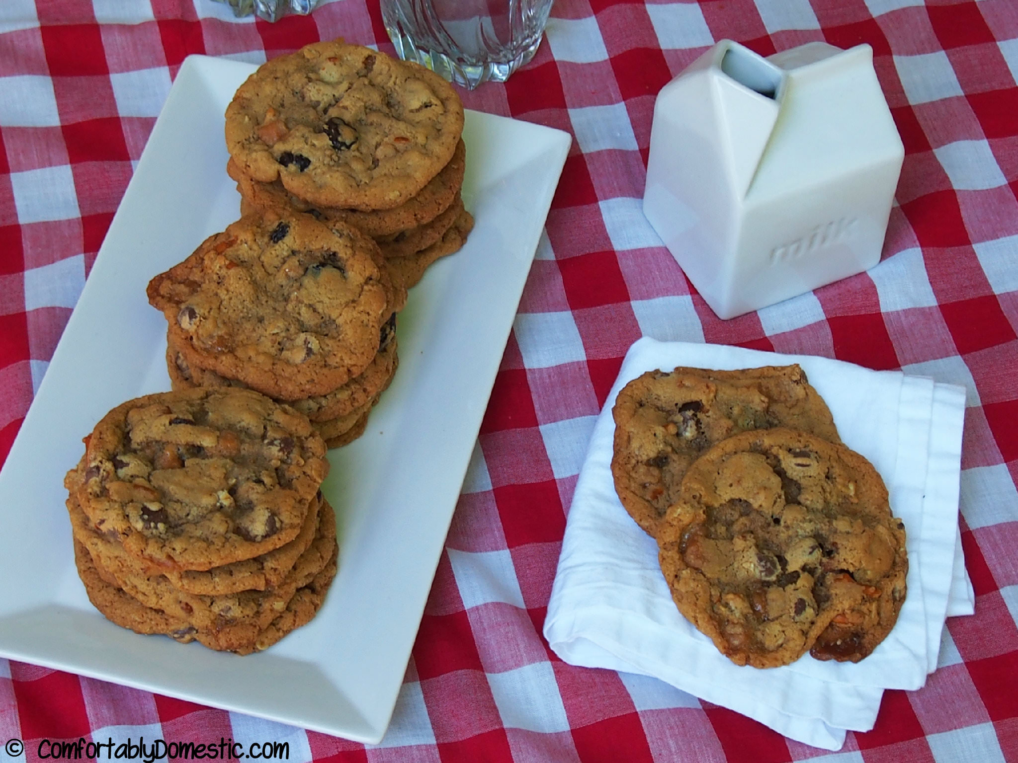 Everything cookies contain semi sweet chocolate chips, crushed salted pretzels, dried cherries, chewy caramel bits, and wholesome rolled oats. | ComfortablyDomestic.com