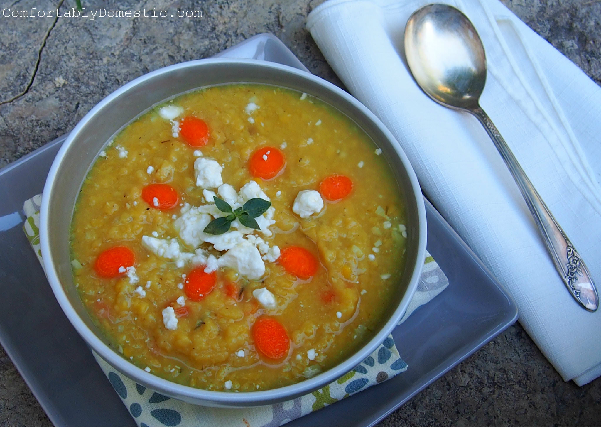 Garlic Lentil Soup with Lemon and Feta | ComfortablyDomestic.com