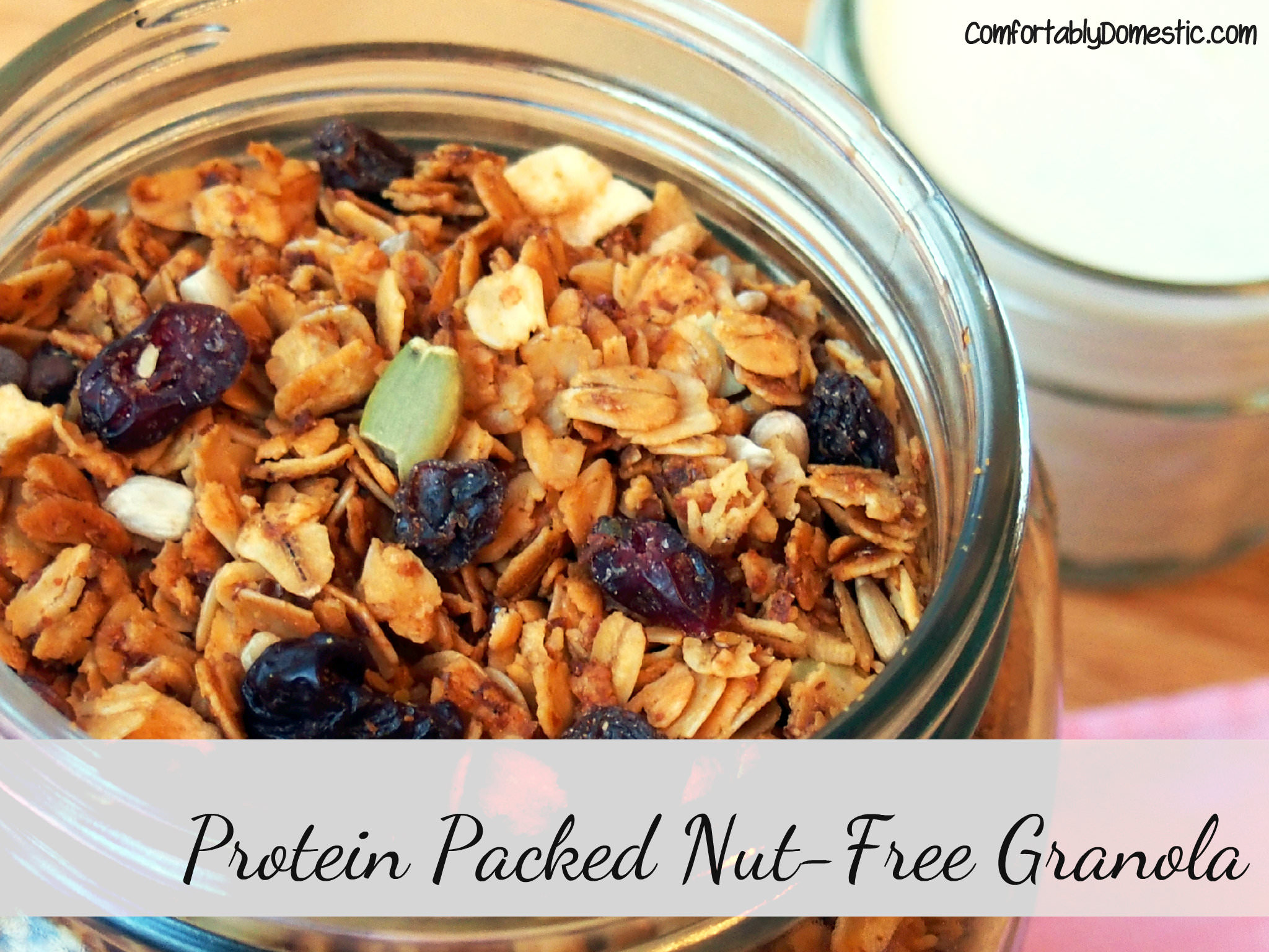 Nut free granola is healthy, sweet, and crunchy, bursting with protein and plenty of dried fruit to round out the flavors. | ComfortablyDomestic.com