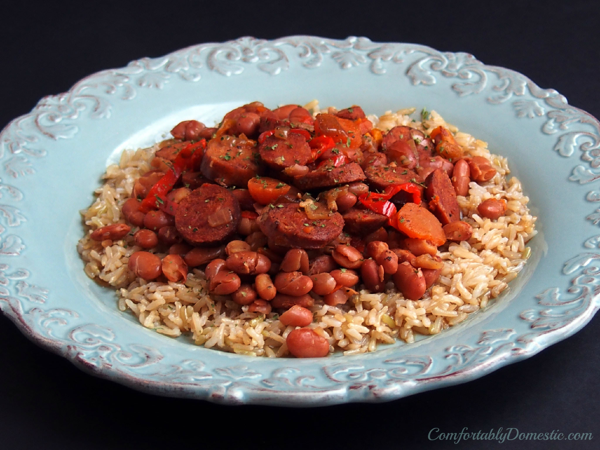 Crock Pot Chicken Andouille Beans and Rice | ComfortablyDomestic.com