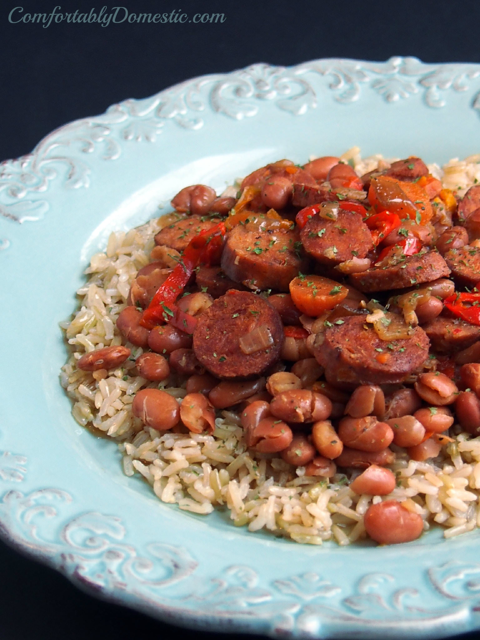 Slow Cooker Chicken Andouille Beans and Rice | ComfortablyDomestic.com