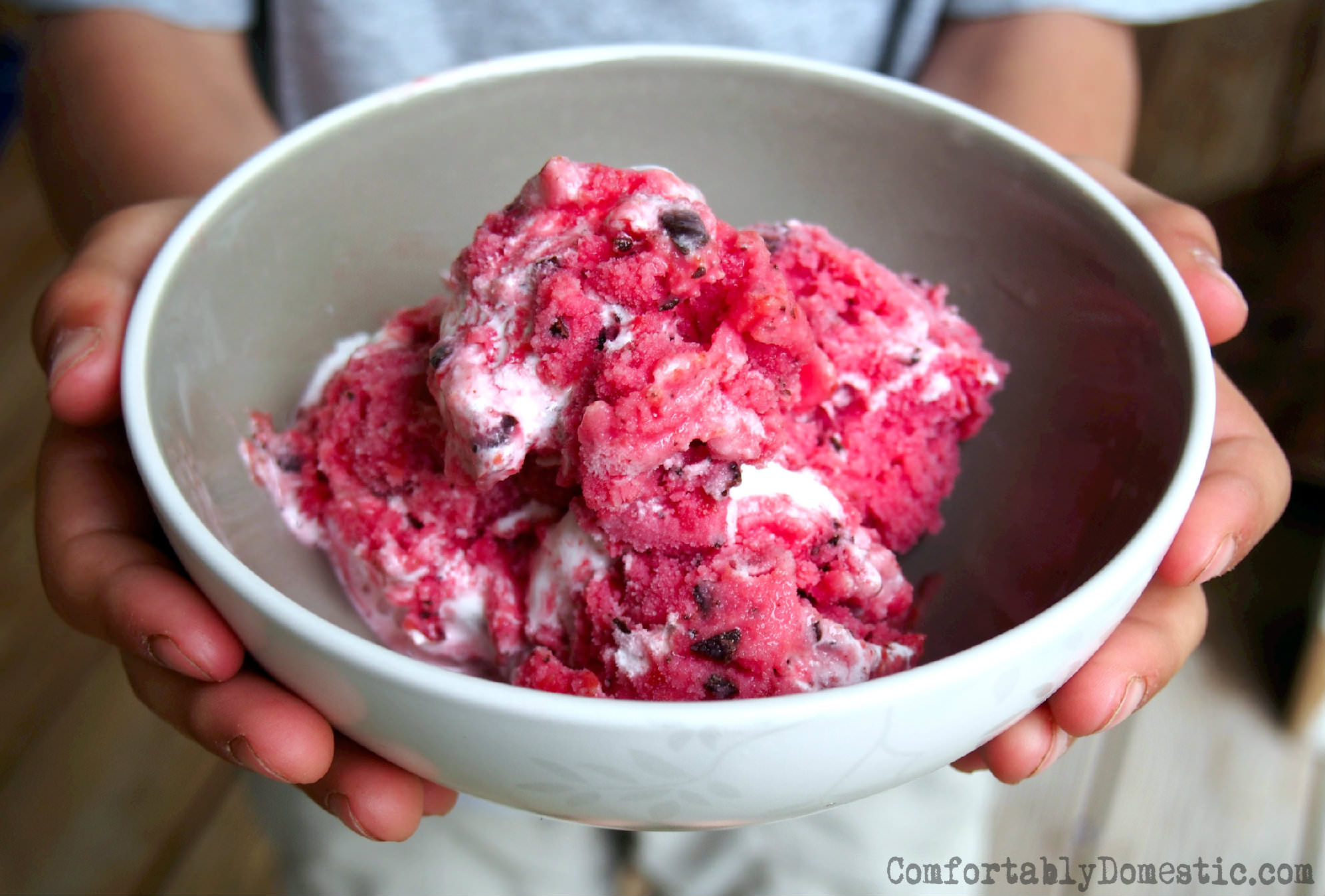 Sour cherry cordial frozen yogurt is riddled with dark chocolate shavings and a ribbon of marshmallow cream. | ComfortablyDomestic.com