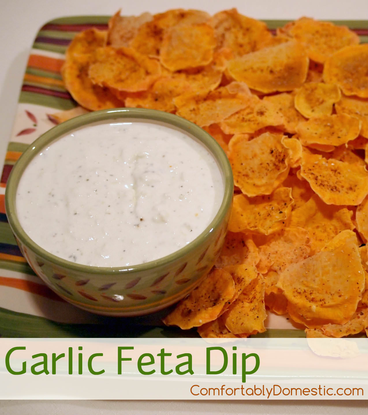 Garlic Feta Dip | ComfortablyDomestic.com is five minutes to fabulous for this delicious, light appetizer made with feta cheese, Greek yogurt, and plenty of garlic and herbs. 