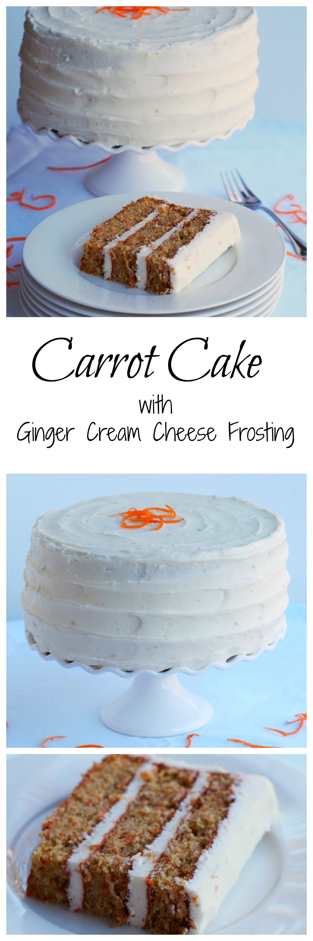 Delicately spiced carrot cake, loaded with finely shredded carrots and a tender crumb, enrobed in a fluffy crystallized ginger cream cheese frosting. | ComfortablyDomestic.com